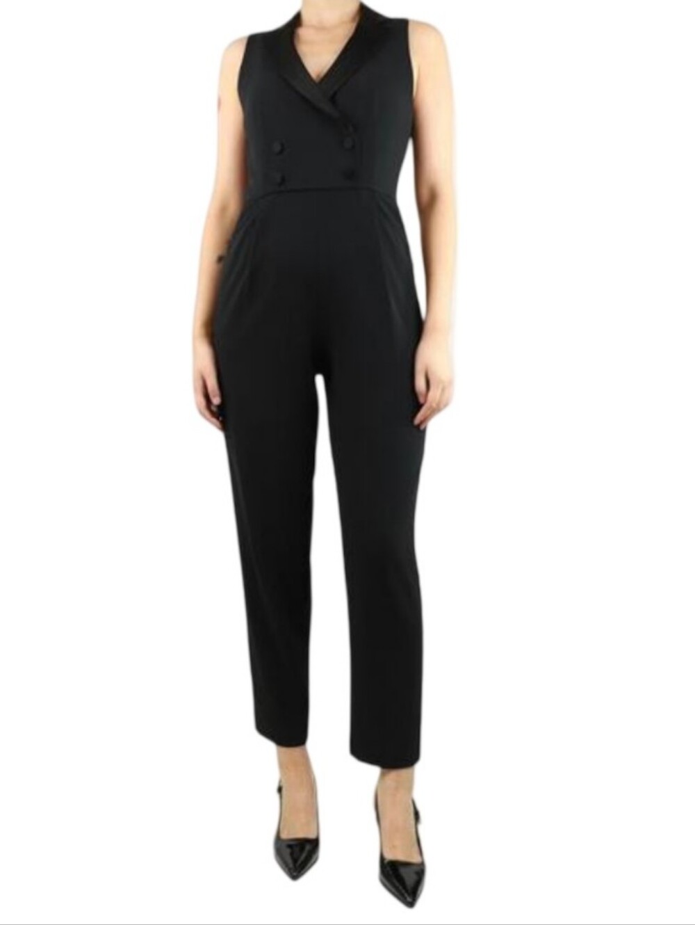 TOBI Womens Black Sleeveless Notch Lapel Snap Front Tapered Leg Jumpsuit Large